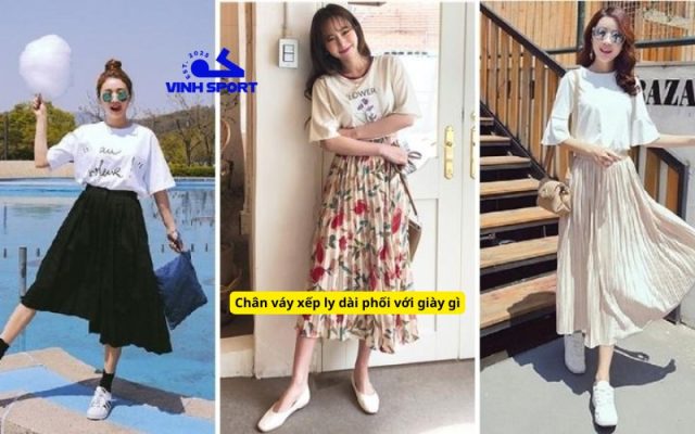 Chân váy xếp ly dài phối với giày gì