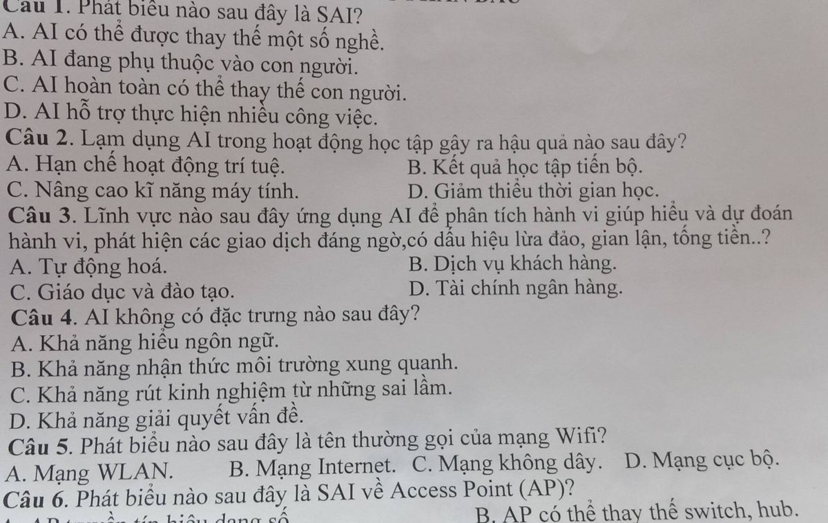 Câu hỏi trắc nghiệm tin học về trí tuệ nhân tạo AI và mạng máy tính